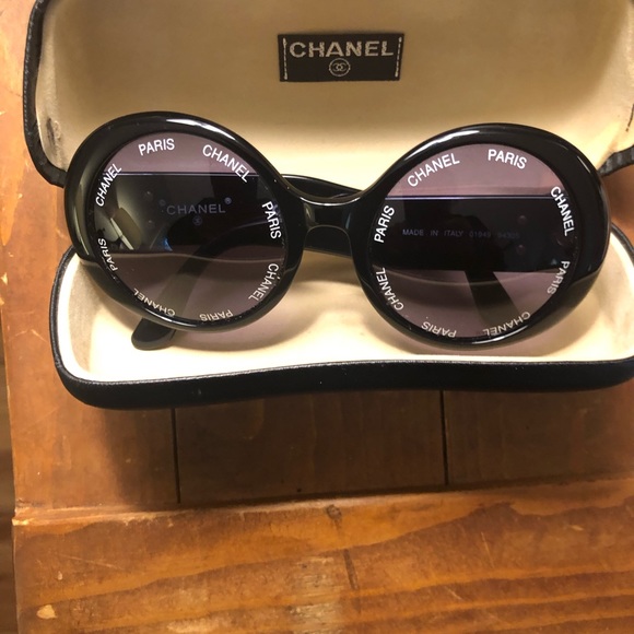 CHANEL, Accessories, Authentic Chanel Vintage Round Sunglasses Chanel  Paris Black Wwhite Text